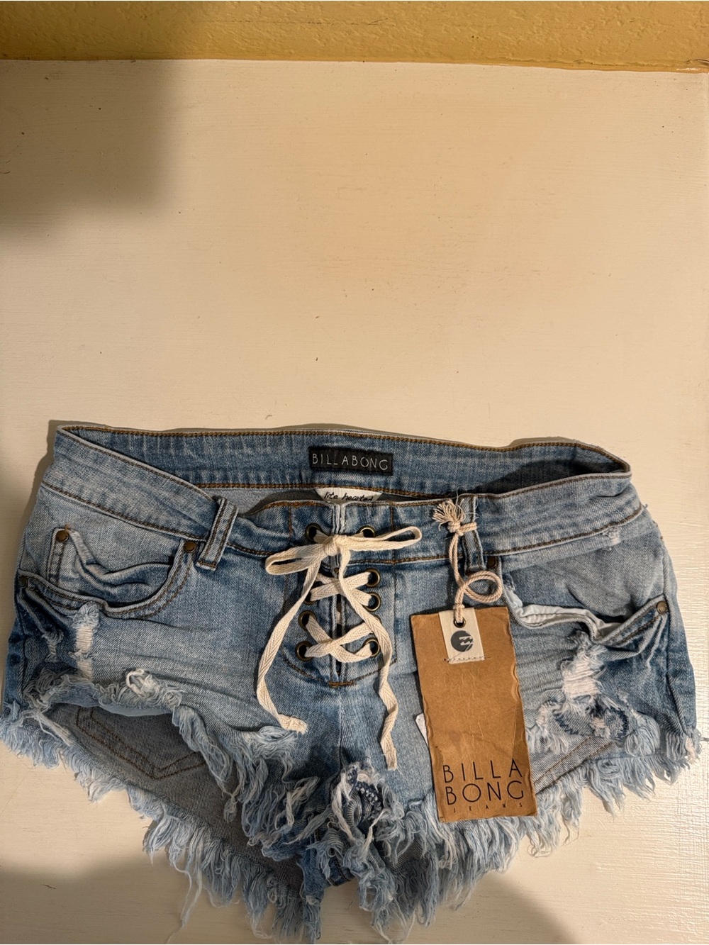 Billabong Light Wash Lace-Up Distressed Denim Shorts